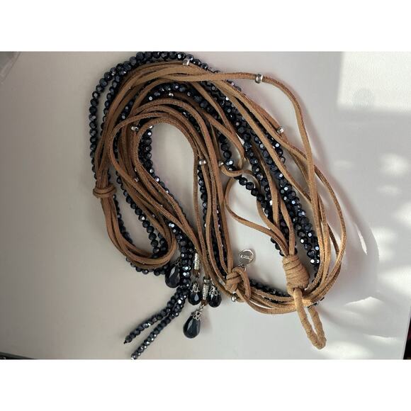 CHICOS Suede Cord Faceted Glass Necklace Belt Long Open Adjustable 48” - Picture 1 of 5